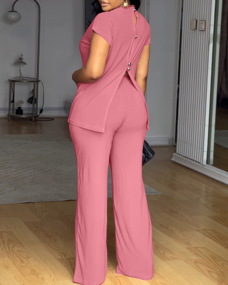 Women's 2 Piece Set Mock Neck Ruched Open Back Button Slit Top and Wide Leg Pants Casual Outfits with Pockets - Image 19