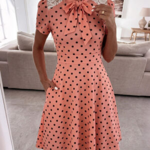 Women's Polka Dot A Line Dress Vintage Tie Neck Puff Sleeve Lace Patchwork Commuting Dress with Pockets