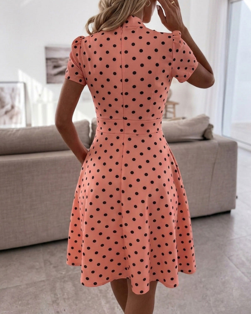 Women's Polka Dot A Line Dress Vintage Tie Neck Puff Sleeve Lace Patchwork Commuting Dress with Pockets - Image 2