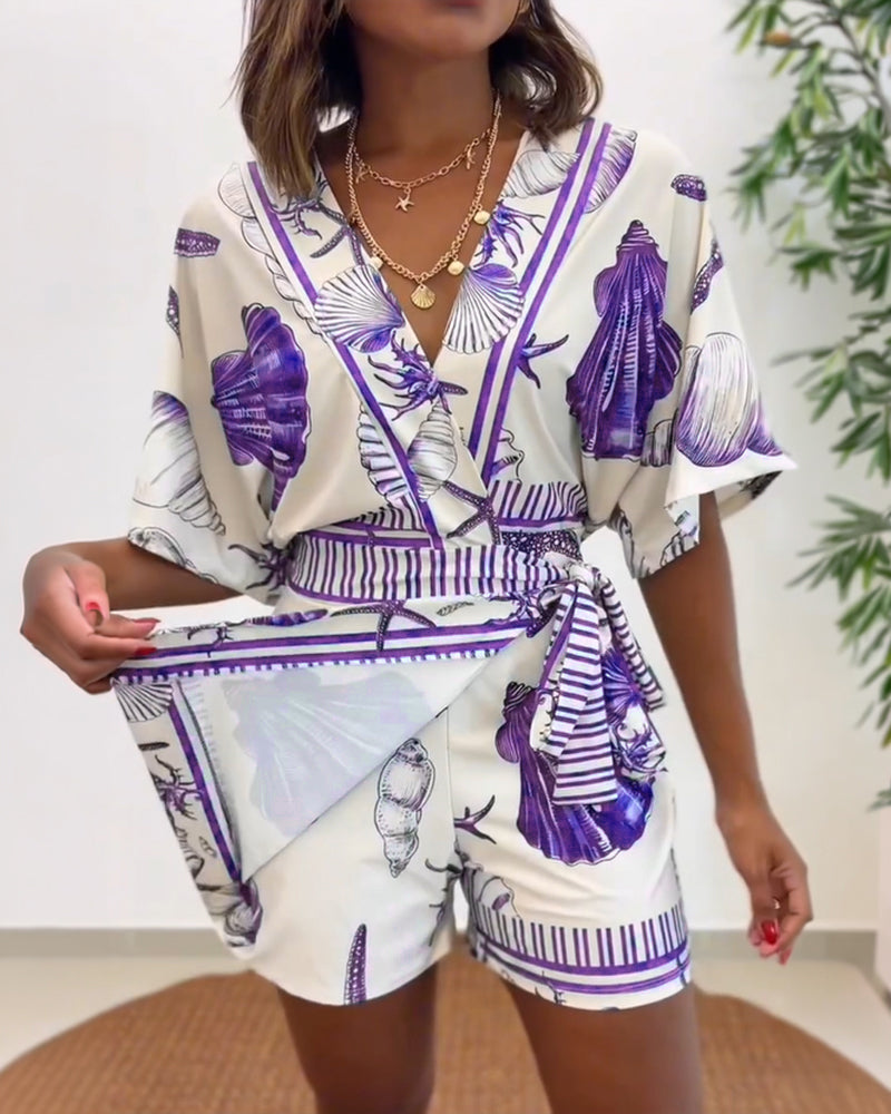 Starfish & Seashell Print Overlap V Neck Half Sleeve Wrap Knot Side Romper Casual Stretchy Back Waist Vacation Romper - Image 8