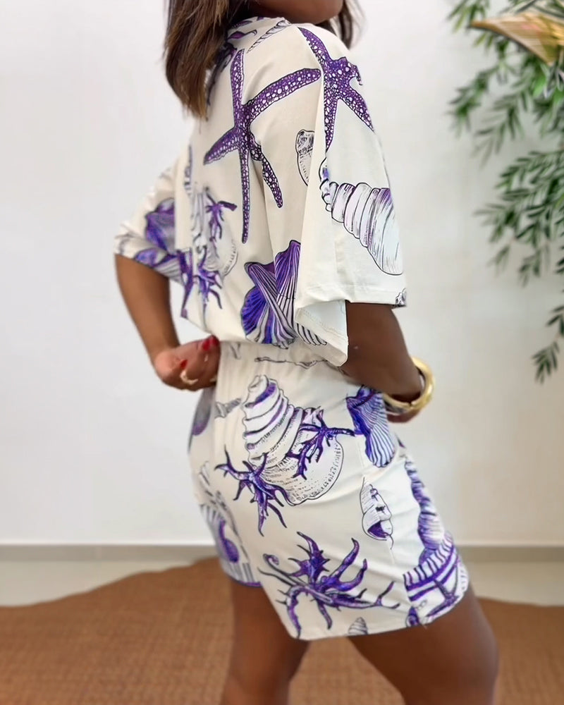 Starfish & Seashell Print Overlap V Neck Half Sleeve Wrap Knot Side Romper Casual Stretchy Back Waist Vacation Romper - Image 9