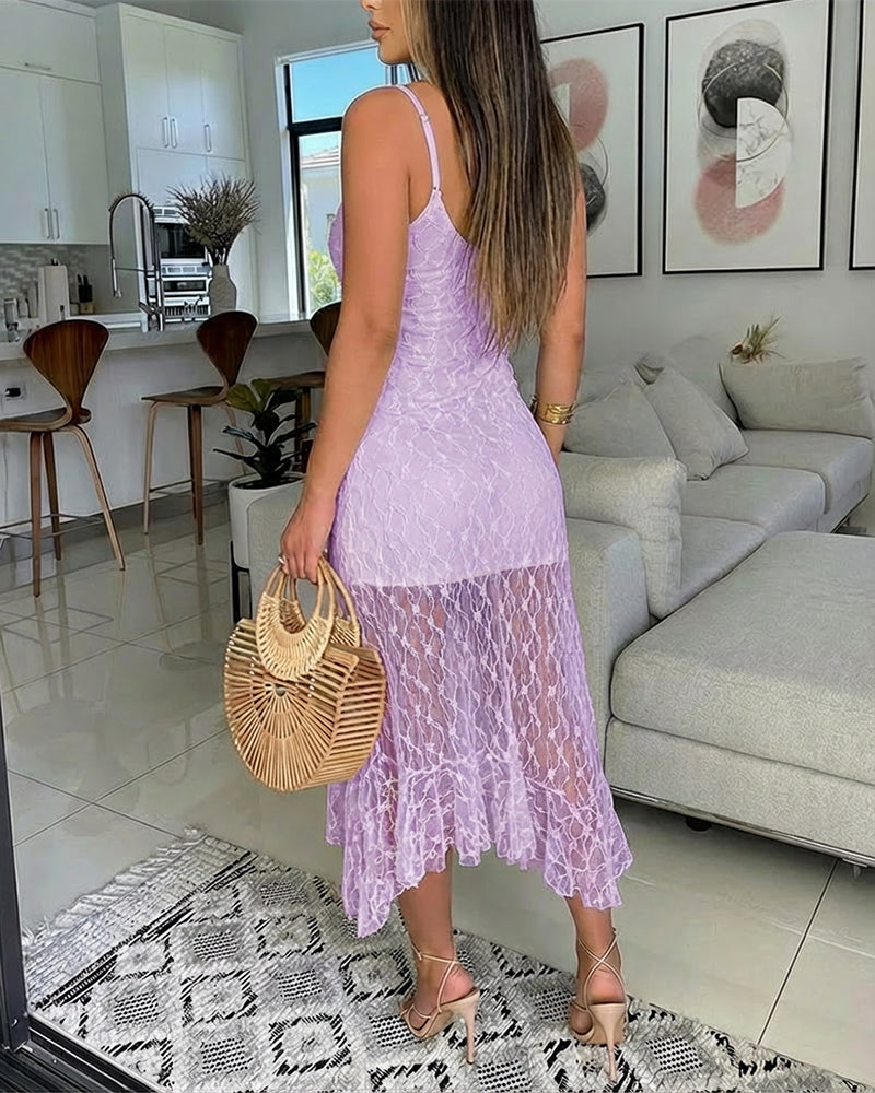 V-Neck Adjustable Spaghetti Straps Tie Front Asymmetrical Hem Dress Casual Hollow-out Front Backless Textured Lace Overlay Party Dress - Image 11