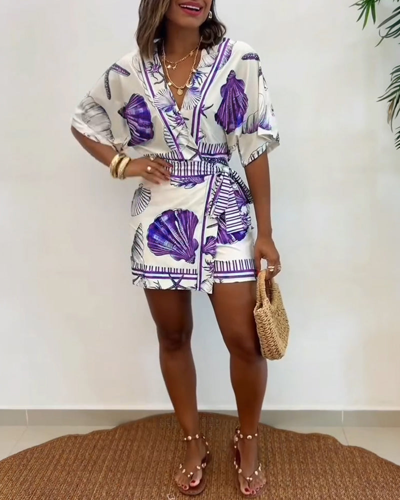 Starfish & Seashell Print Overlap V Neck Half Sleeve Wrap Knot Side Romper Casual Stretchy Back Waist Vacation Romper - Image 10