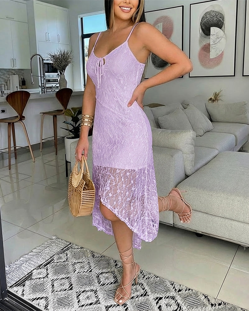 V-Neck Adjustable Spaghetti Straps Tie Front Asymmetrical Hem Dress Casual Hollow-out Front Backless Textured Lace Overlay Party Dress - Image 13