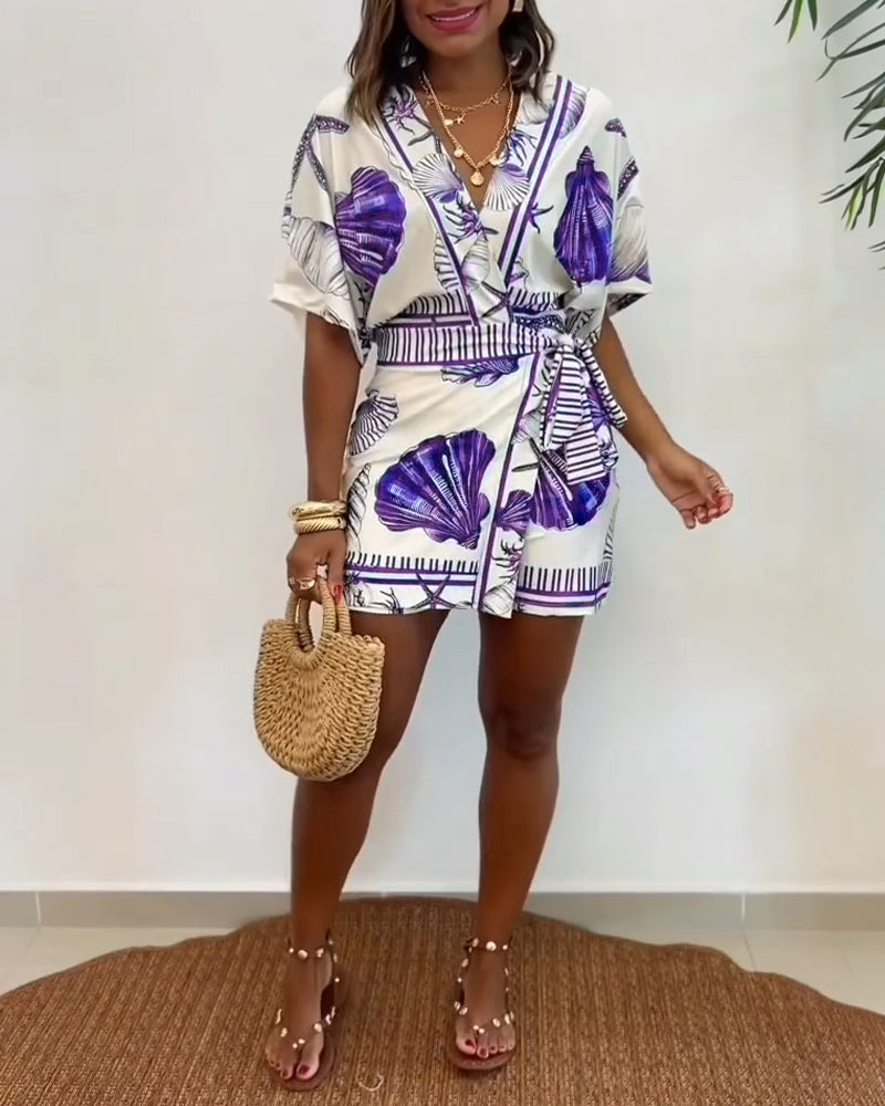 Starfish & Seashell Print Overlap V Neck Half Sleeve Wrap Knot Side Romper Casual Stretchy Back Waist Vacation Romper - Image 11