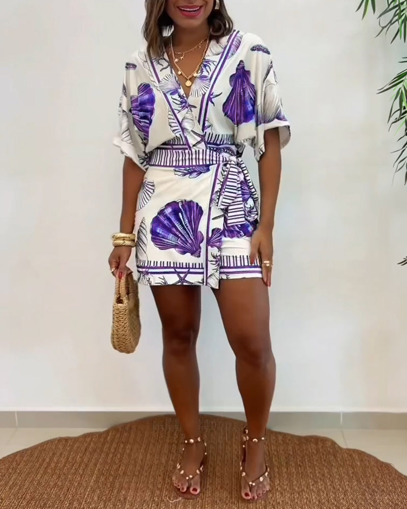 Starfish & Seashell Print Overlap V Neck Half Sleeve Wrap Knot Side Romper Casual Stretchy Back Waist Vacation Romper - Image 12