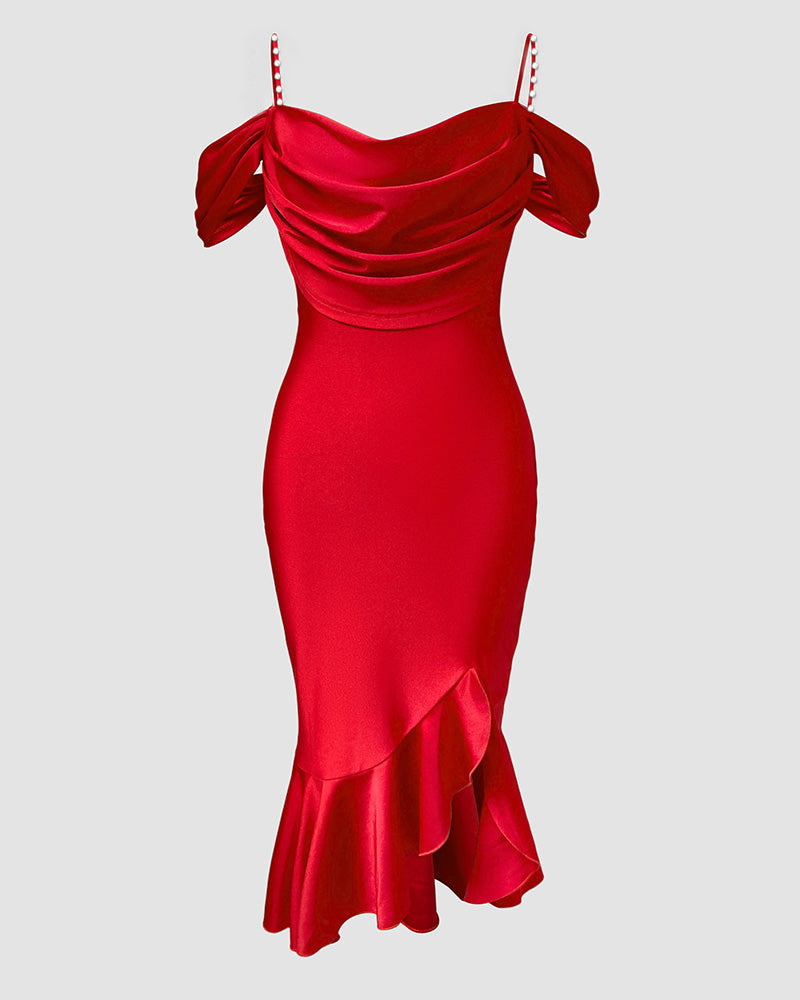 Women's Cold Shoulder Adjustable Pearls Straps Bodycon Dress Cowl Neck Asymmetrical Ruffle Hem Party Dress - Image 5