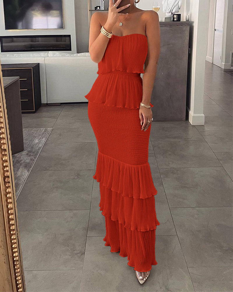 Layered Ruffle Shirred Slim Fit Strapless Dress Textured Maxi Party Dress - Image 20