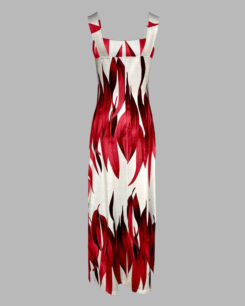 Plants Print Square Neck Thick Strap Maxi Dress Casual Slim Fit Side Slit Vacation Dress with Pockets - Image 12