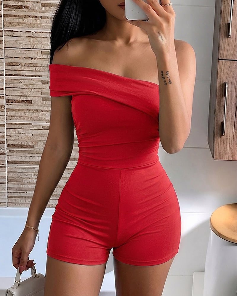 Women's Foldover One Shoulder Romper Slim Fit Sleeveless High Waist Romper - Image 24