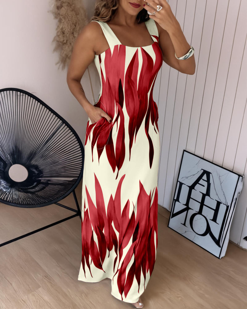 Plants Print Square Neck Thick Strap Maxi Dress Casual Slim Fit Side Slit Vacation Dress with Pockets - Image 8