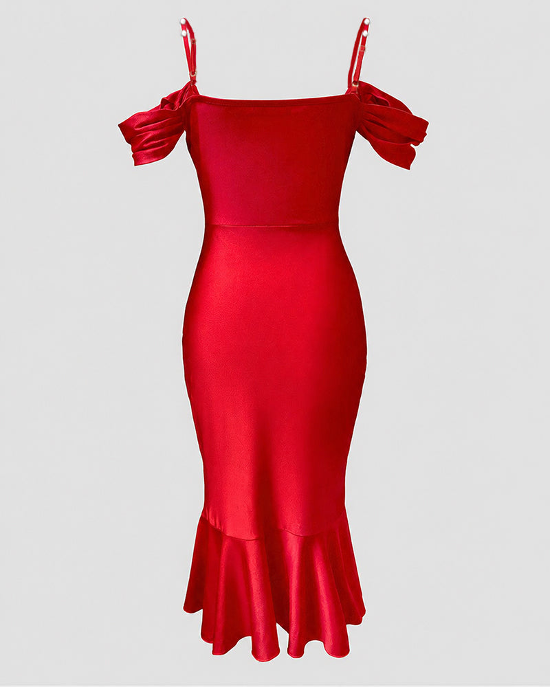 Women's Cold Shoulder Adjustable Pearls Straps Bodycon Dress Cowl Neck Asymmetrical Ruffle Hem Party Dress - Image 6