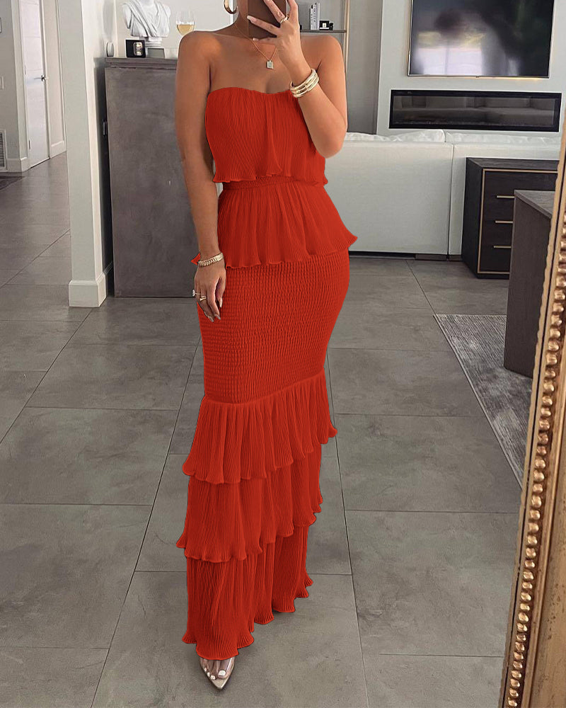 Layered Ruffle Shirred Slim Fit Strapless Dress Textured Maxi Party Dress - Image 18