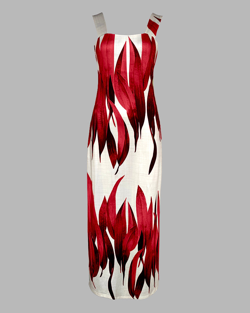 Plants Print Square Neck Thick Strap Maxi Dress Casual Slim Fit Side Slit Vacation Dress with Pockets - Image 11