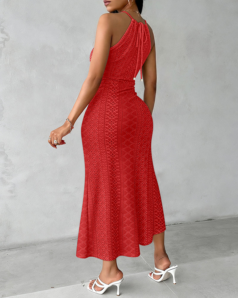 Adjustable Halter Hollow-out Back Ruched Front Slit Dress Guipure Lace Yoke Eyelet Embroidery Vacation Dress - Image 18