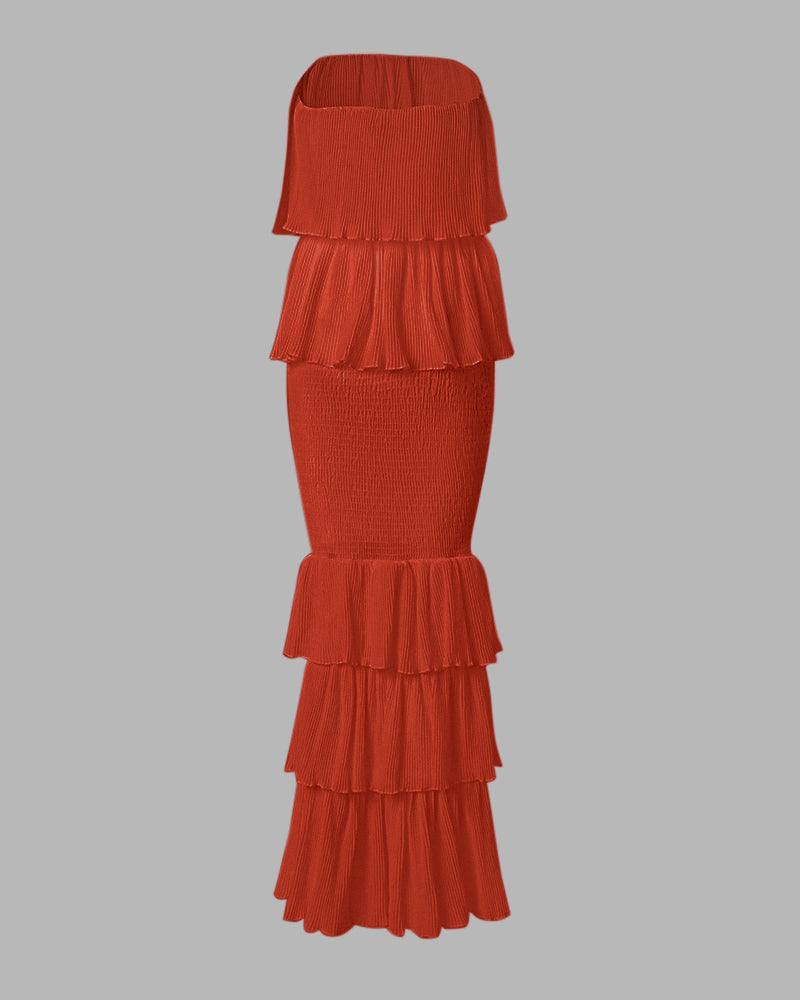 Layered Ruffle Shirred Slim Fit Strapless Dress Textured Maxi Party Dress - Image 21