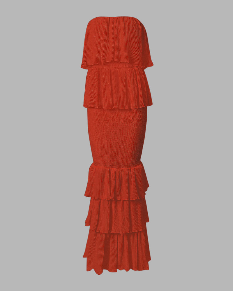 Layered Ruffle Shirred Slim Fit Strapless Dress Textured Maxi Party Dress - Image 22