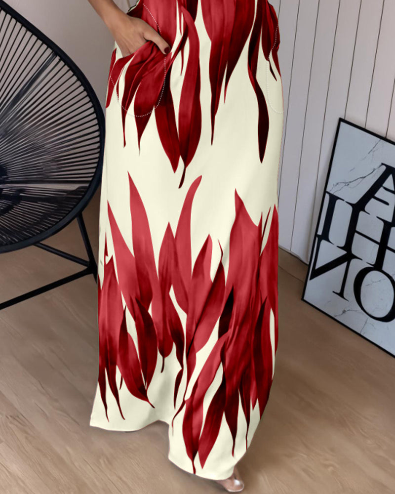 Plants Print Square Neck Thick Strap Maxi Dress Casual Slim Fit Side Slit Vacation Dress with Pockets - Image 10