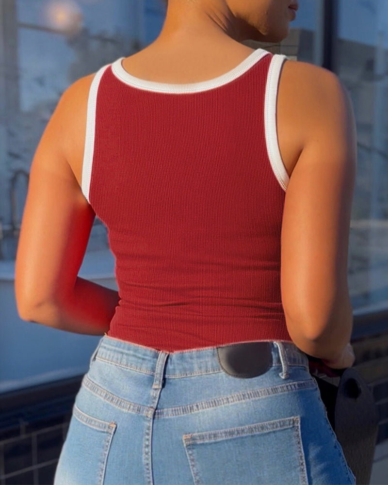 Women's Contrast Binding Camisole Rib-Knit Slim Fit Tank Top Sexy Cami with Metal Buckle Straps - Image 17