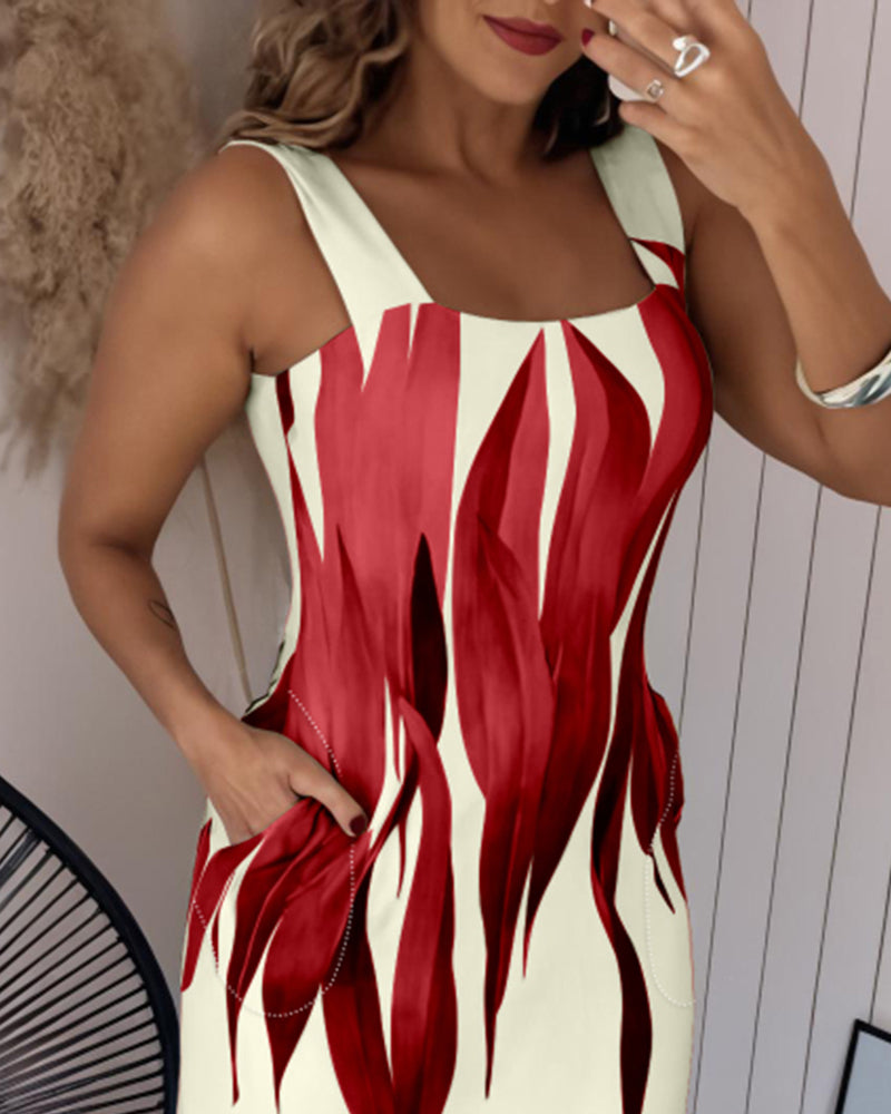 Plants Print Square Neck Thick Strap Maxi Dress Casual Slim Fit Side Slit Vacation Dress with Pockets - Image 9