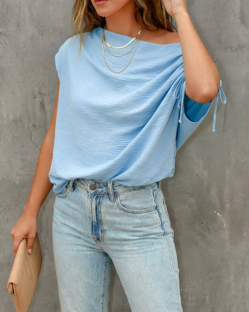 Skew Neck Drawstring Sleeve Loose Fit Casual Top - Image 20