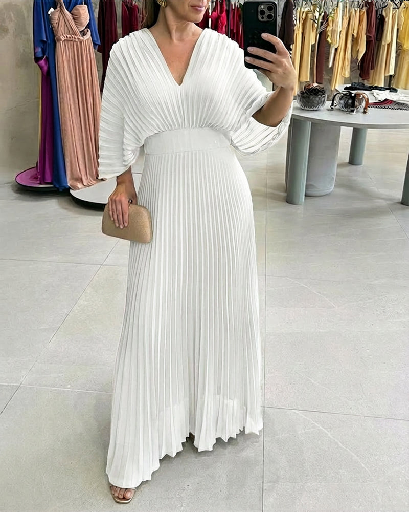 Deep V-Neck Batwing Sleeve High Waist Pleated Maxi Dress Casual Cinched Waist Backless Tied Detail Zipper Back Evening Dress - Image 12
