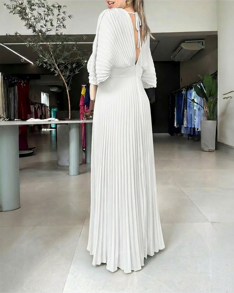 Deep V-Neck Batwing Sleeve High Waist Pleated Maxi Dress Casual Cinched Waist Backless Tied Detail Zipper Back Evening Dress - Image 13