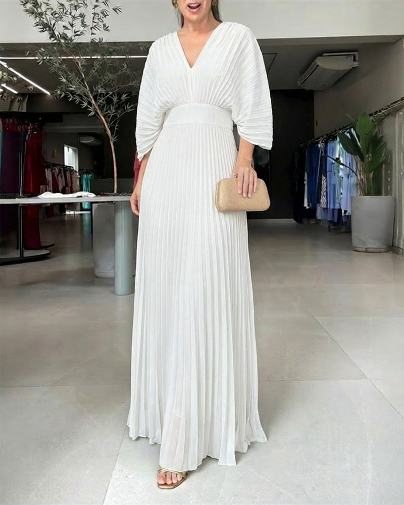 Deep V-Neck Batwing Sleeve High Waist Pleated Maxi Dress Casual Cinched Waist Backless Tied Detail Zipper Back Evening Dress - Image 14