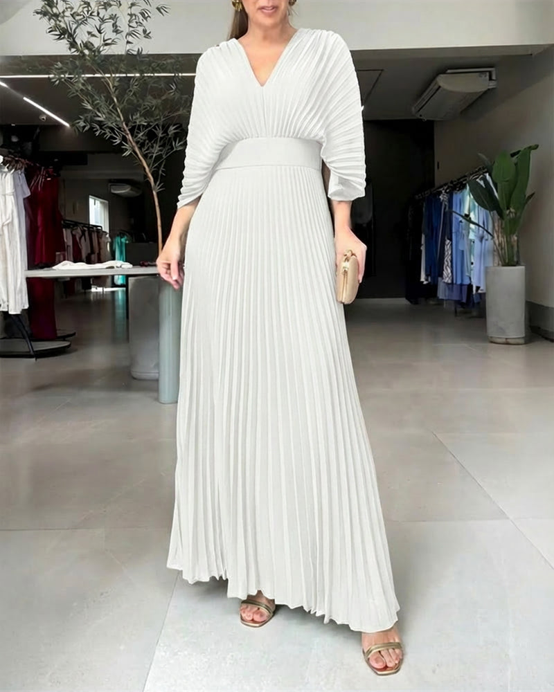Deep V-Neck Batwing Sleeve High Waist Pleated Maxi Dress Casual Cinched Waist Backless Tied Detail Zipper Back Evening Dress - Image 15