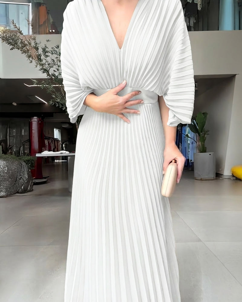 Deep V-Neck Batwing Sleeve High Waist Pleated Maxi Dress Casual Cinched Waist Backless Tied Detail Zipper Back Evening Dress - Image 16