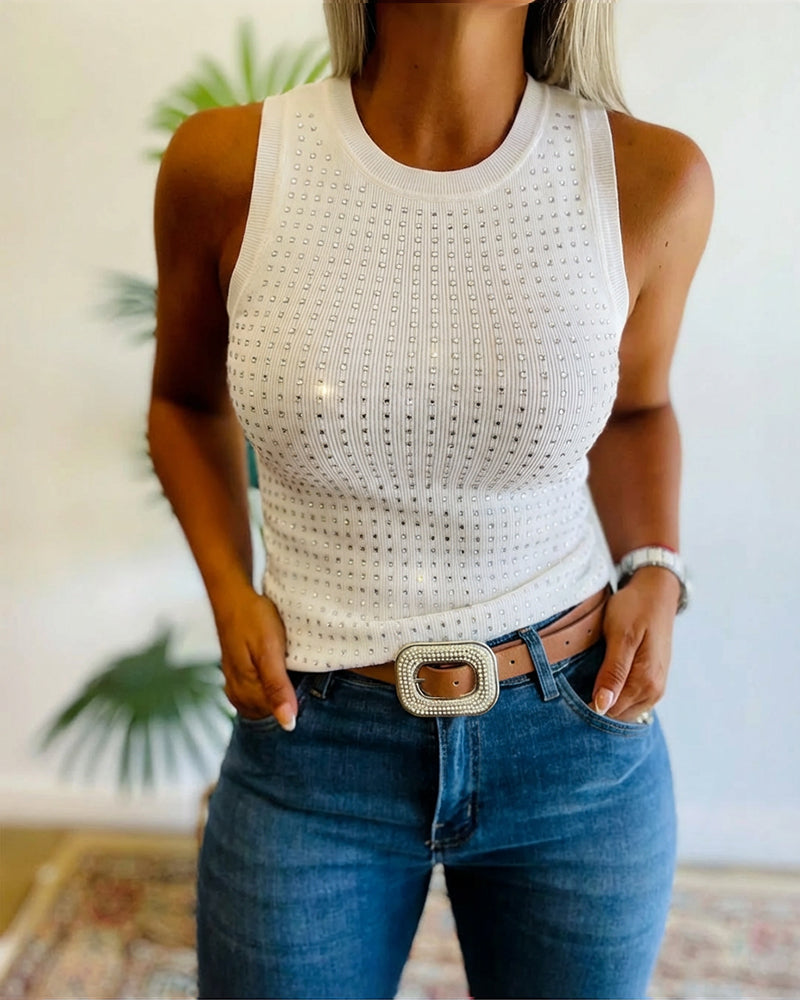 Rhinestone Decor O-neck Sleeveless Tee Slim Fit Ribbed Tank Top - Image 11