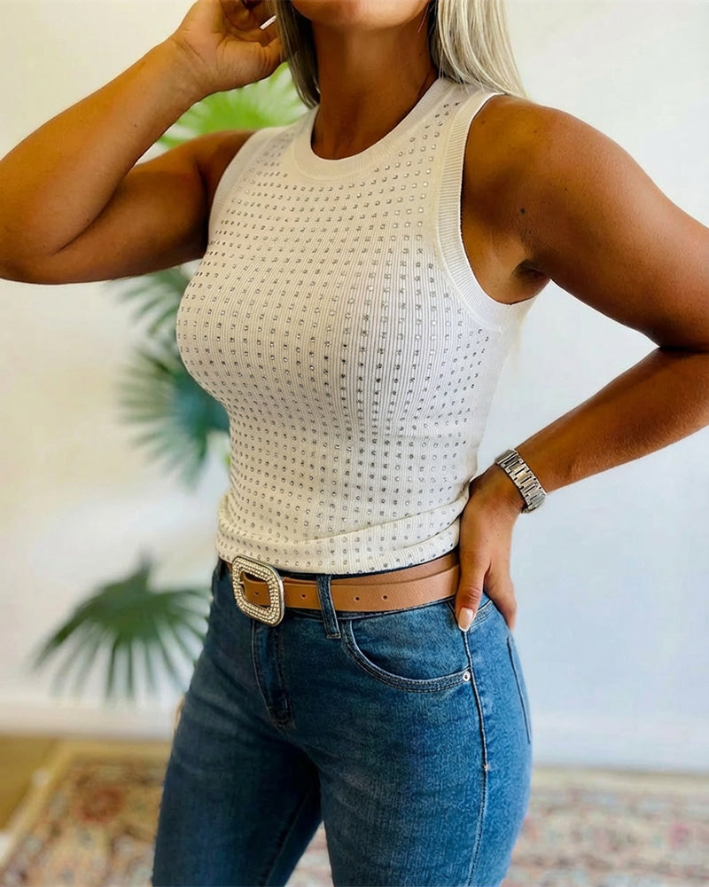 Rhinestone Decor O-neck Sleeveless Tee Slim Fit Ribbed Tank Top - Image 13