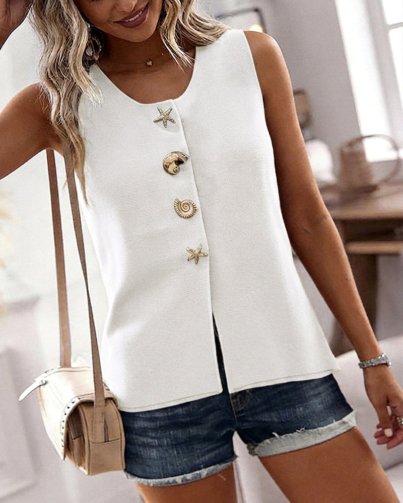 Women's Knit Tank Top Starfish Shell Gold Button Sleeveless Vest Beach Vacation Casual Top - Image 19