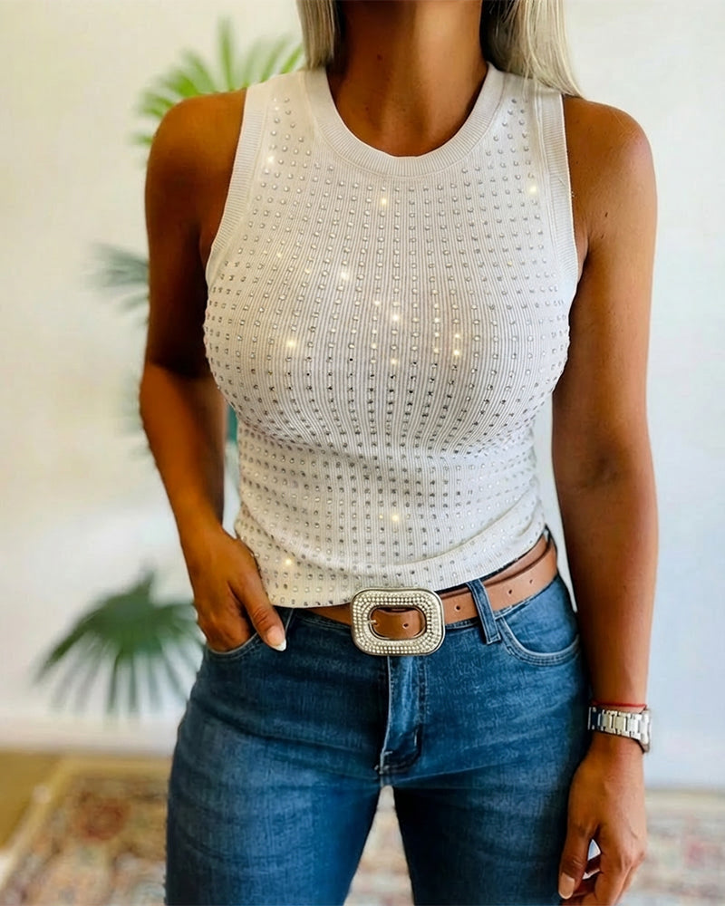 Rhinestone Decor O-neck Sleeveless Tee Slim Fit Ribbed Tank Top - Image 14