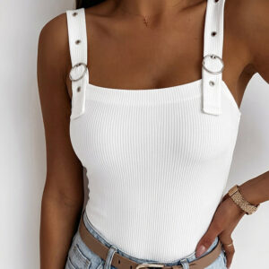 Women's Ribbed Knit Tank Top Square Neck Slim Fit Cami Top Adjustable Eyelet Strap Backless Top