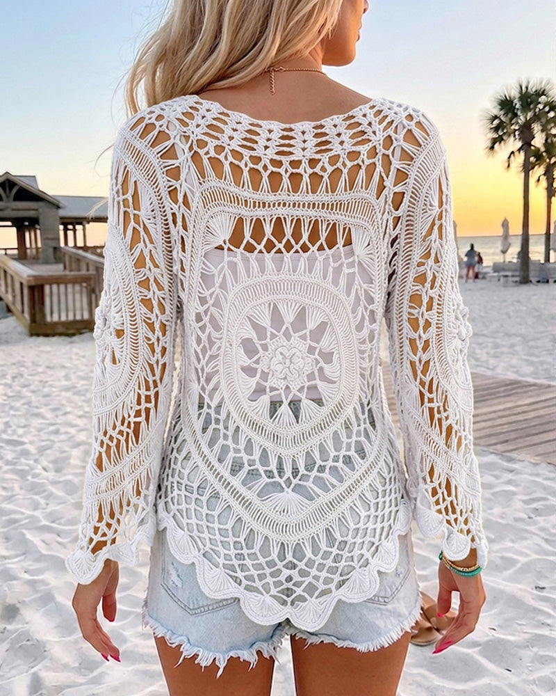 Women's Crochet Hollow Out Knit Top Batwing Sleeve Loose Cover Up Asymmetric Hem Sheer Bohemian Knitwear - Image 14