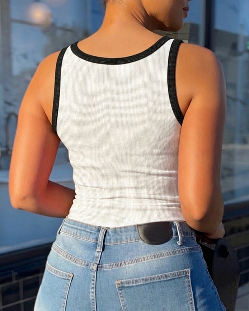 Women's Contrast Binding Camisole Rib-Knit Slim Fit Tank Top Sexy Cami with Metal Buckle Straps - Image 11