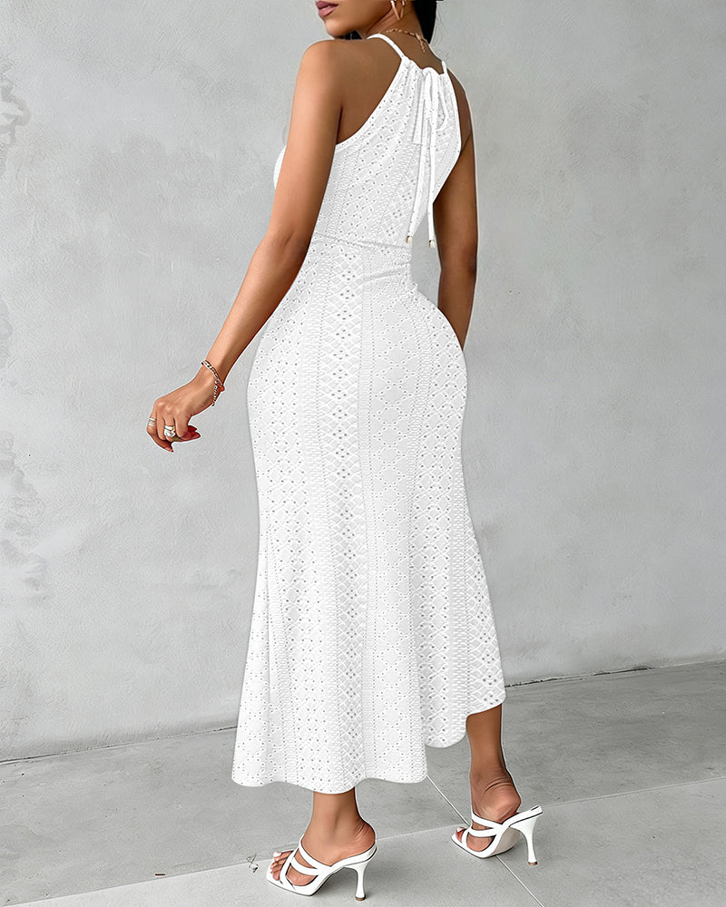 Adjustable Halter Hollow-out Back Ruched Front Slit Dress Guipure Lace Yoke Eyelet Embroidery Vacation Dress - Image 22