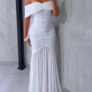 Foldover Off Shoulder Ruched Cinched Waist Minimalist Evening Dress Slim Fit Mermaid Hem Party Dress