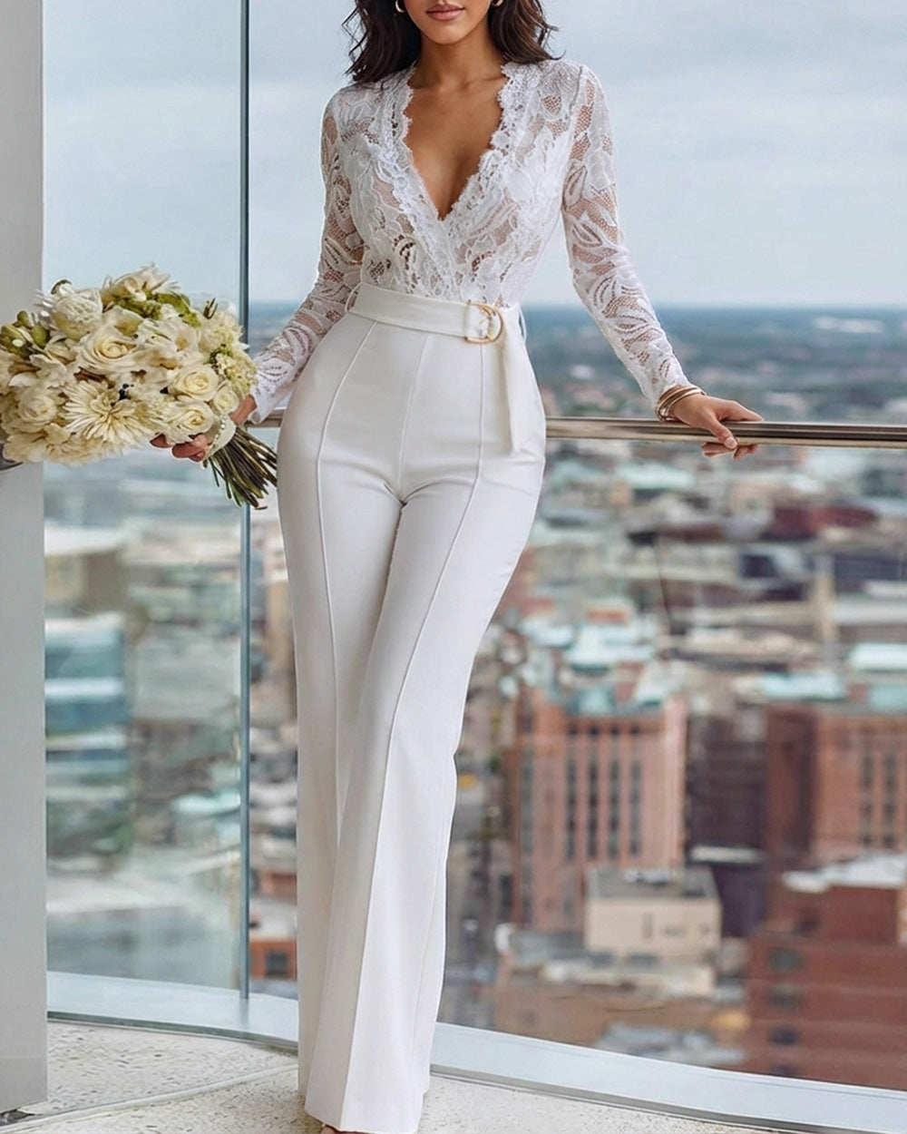 Crochet Lace Trim Deep V-Neck Floral Lace Spliced Ovearalls Casual Zipper Back Seam Front Jumpsuit with Belt - Image 4