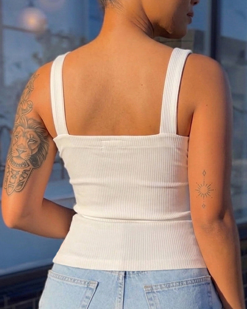 Women's Ribbed Knit Tank Top Square Neck Slim Fit Cami Top Adjustable Eyelet Strap Backless Top - Image 2
