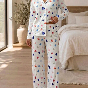 Women's Colorful Heart Print 2 Piece Pajama Set Long Sleeve Button Down Top and High Waisted Pants Casual Lounge Sets
