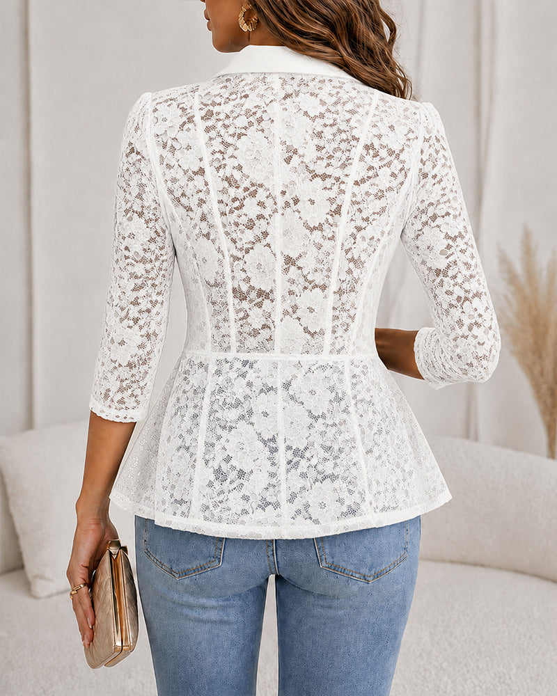 Women's Lace Patchwork Blazer Elegant Shawl Lapel Peplum Coat Single Breasted Three Quarter Sleeve Outwear - Image 9