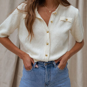 Women's Hollow Out Knit Cardigan Short Sleeve Gold Button Sweater Casual Loose Knitwear Top