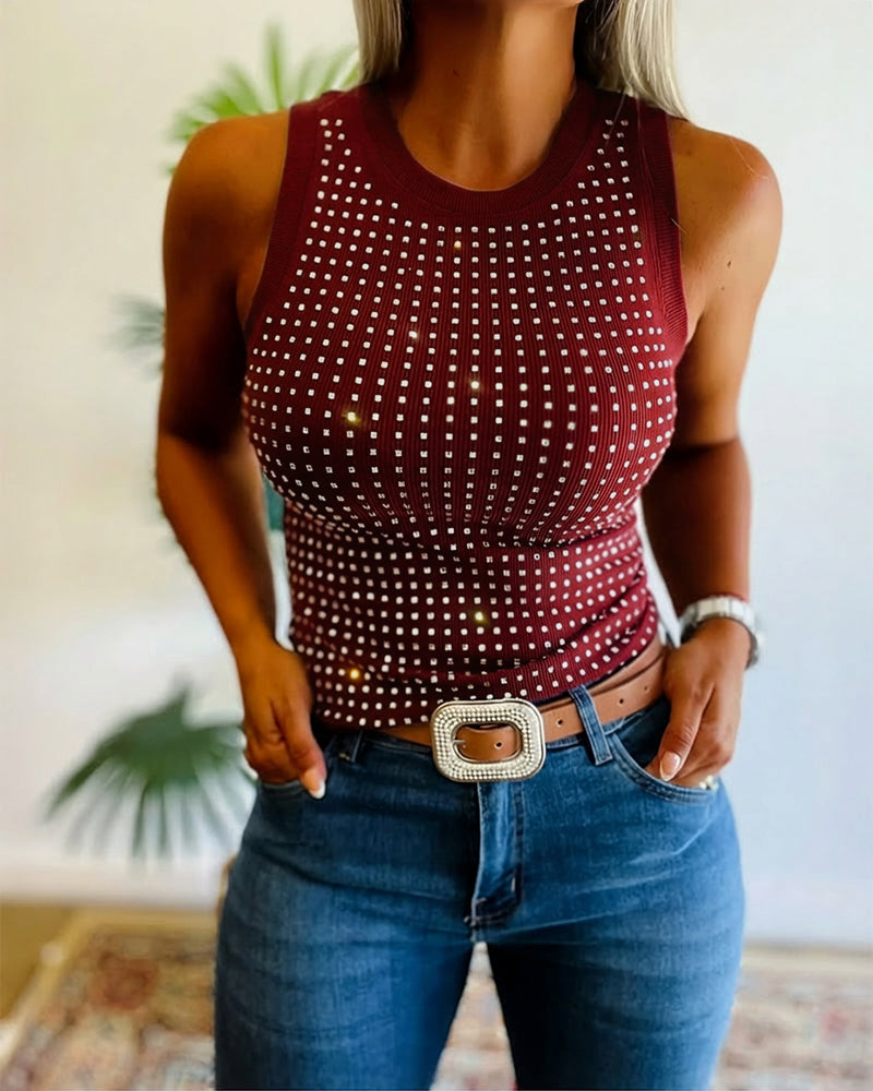 Rhinestone Decor O-neck Sleeveless Tee Slim Fit Ribbed Tank Top - Image 21