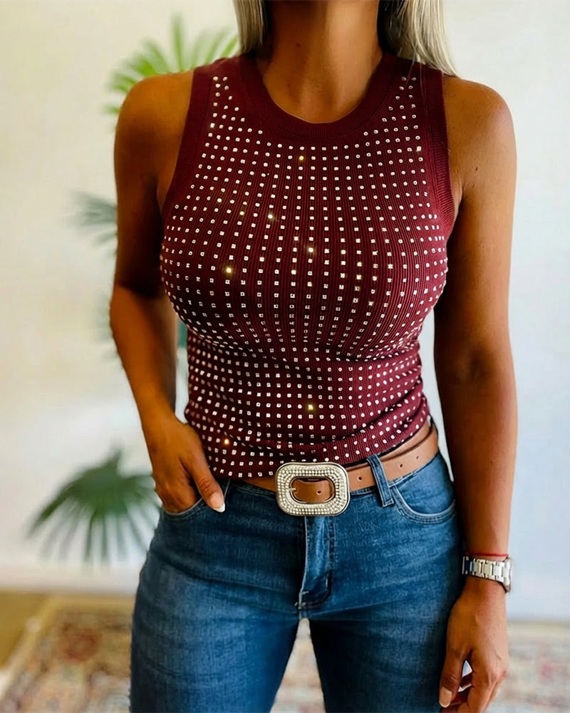 Rhinestone Decor O-neck Sleeveless Tee Slim Fit Ribbed Tank Top - Image 24