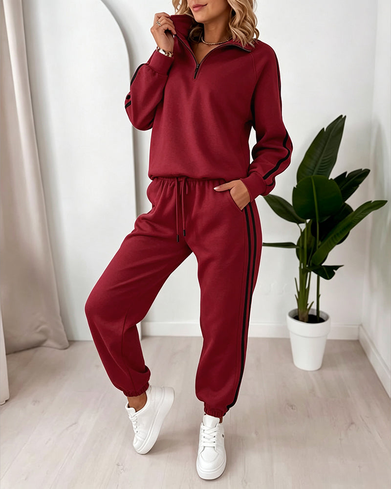 Women's Contrast Side Stripe Two Piece Sweatsuit Half Zip Sweatshirt and High Waisted Joggers Set Casual Tracksuit - Image 15