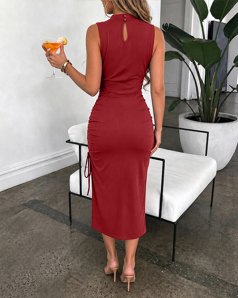 Women's Mock Neck Ruched Midi Dress Sleeveless Side Slit Drawstring Vacation Dress Slim Fit Party Dress - Image 16