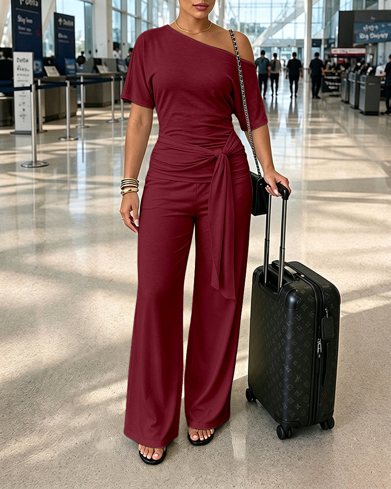 Women's Skew Neck 2 Piece Outfits Ruched Tie Waist Short Sleeve Top and High Waisted Wide Leg Pants Lounge Set - Image 29