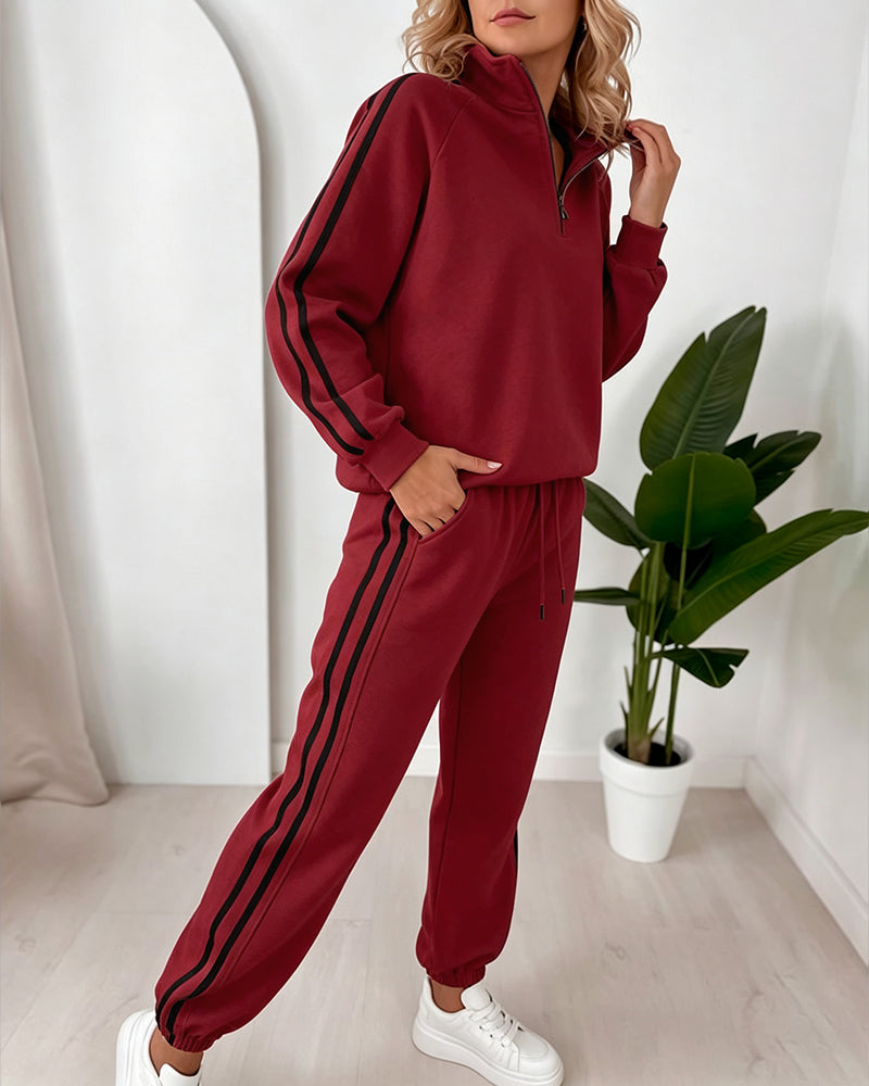 Women's Contrast Side Stripe Two Piece Sweatsuit Half Zip Sweatshirt and High Waisted Joggers Set Casual Tracksuit - Image 18
